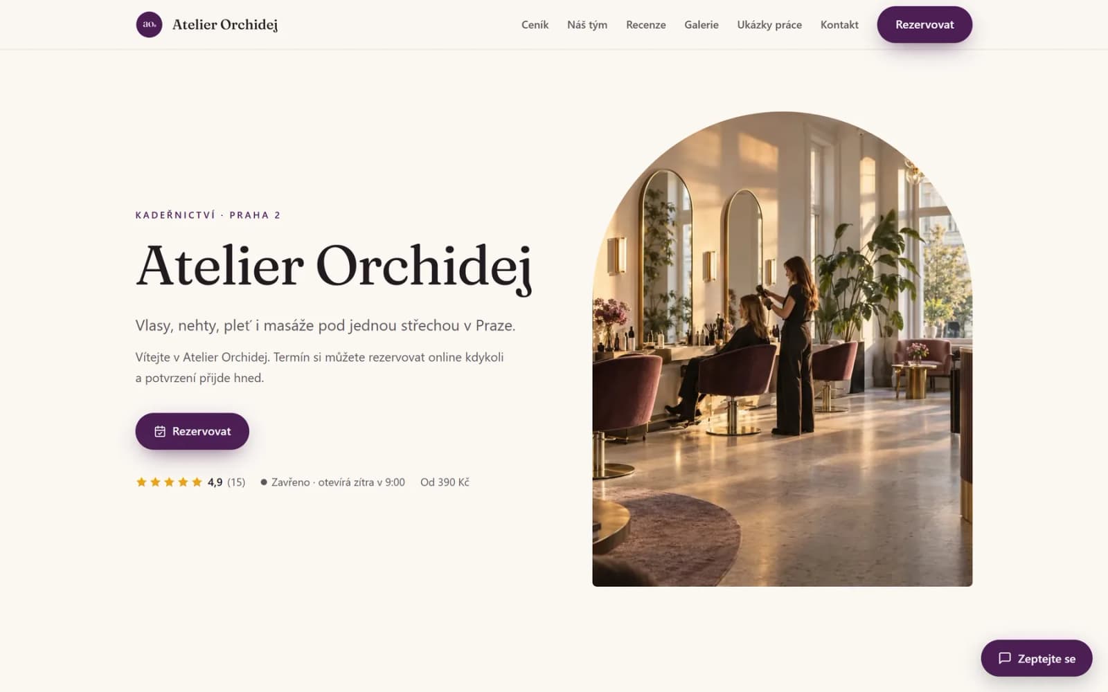 Приклад сайту салону Atelier Orchidej, створеного в Mixart